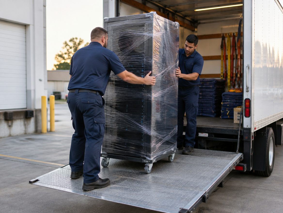 Data center relocation crew loading a shrink-wrapped server rack onto a box truck lift-gate